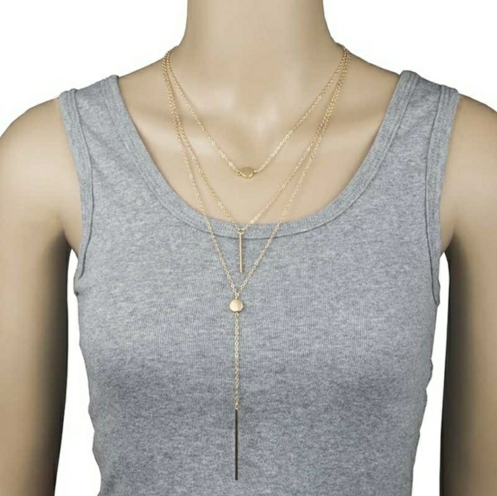 Gold Triple Layer Bar Dot Necklace - Picture 4 of 4